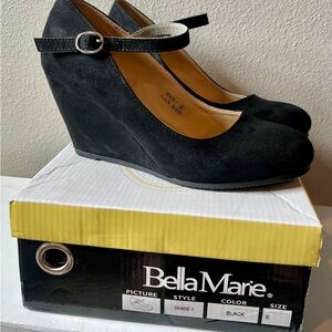 Bella Marie Black Suede Wedge Mary Jane Heels